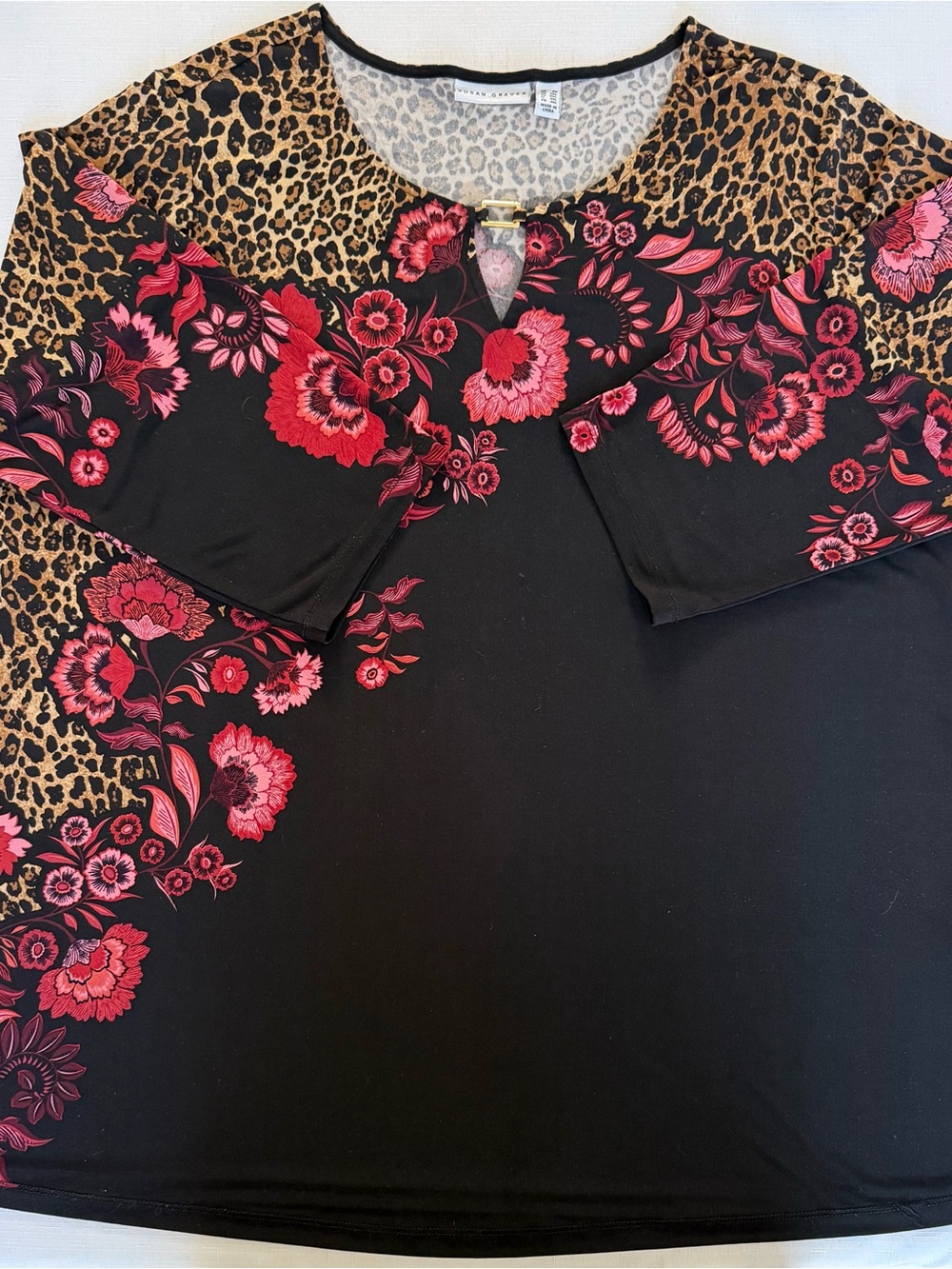 Susan Graver QvcLeopard & Floral Contrast Black Women's Top with Pink Red Accent